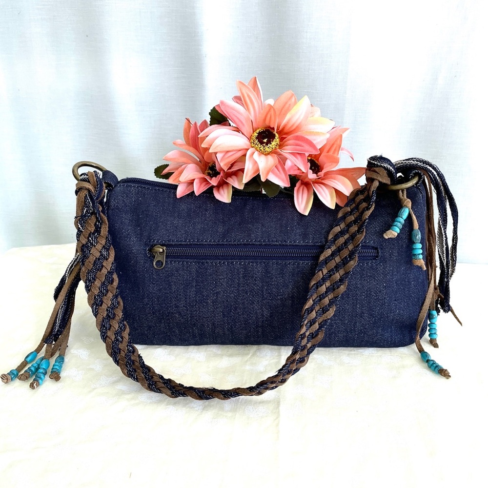 Q&A Denim Shoulder Bag w Zip Top + Genuine Leather Lacing & Beaded Boho Tassels